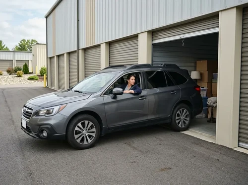 Lady backing up to her drive-up storage unit.
